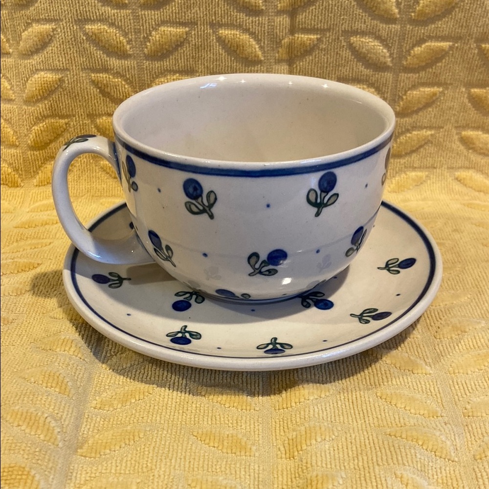 Authentic Polish pottery Blueberry Teacup and Saucer Set